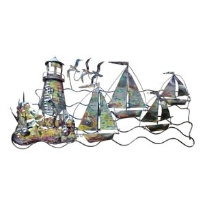 Nautical Metal Wall Art with Lighthouse and Sailboats